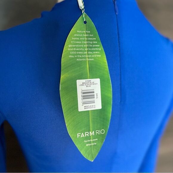 Farm Rio 🌴🦜🌺 Vivid Bright Blue Long Sleeve, High-Neck Bodysuit, Size XXS. NWT - Picture 10 of 16